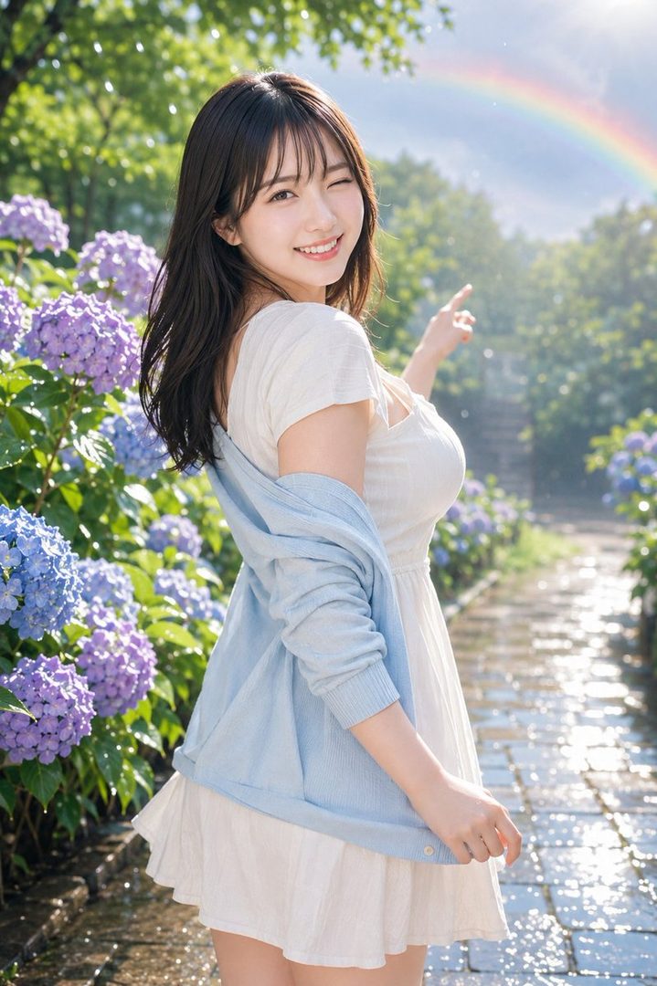 A cute East Asian woman in a white dress and blue cardigan winks and points at a rainbow in a garden with hydrangeas.