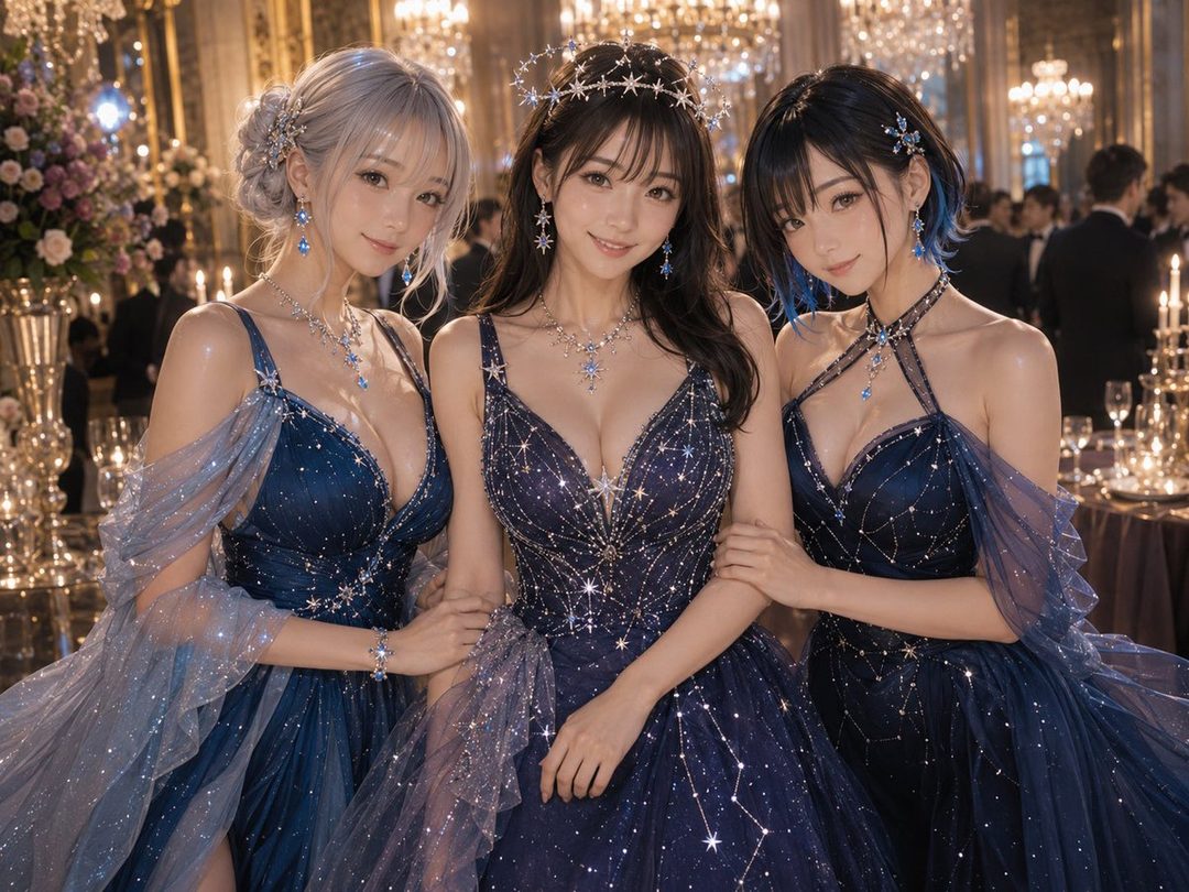 Three women in elegant, star-patterned blue dresses and sparkling jewelry pose together at a formal indoor event.