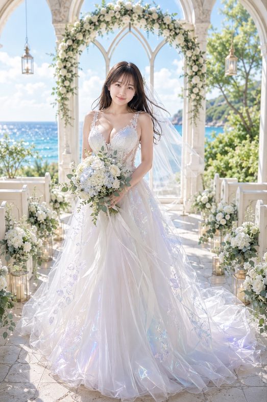 A beautiful bride in a white wedding dress stands in an outdoor chapel overlooking the ocean, holding a bouquet of white and blue flowers.