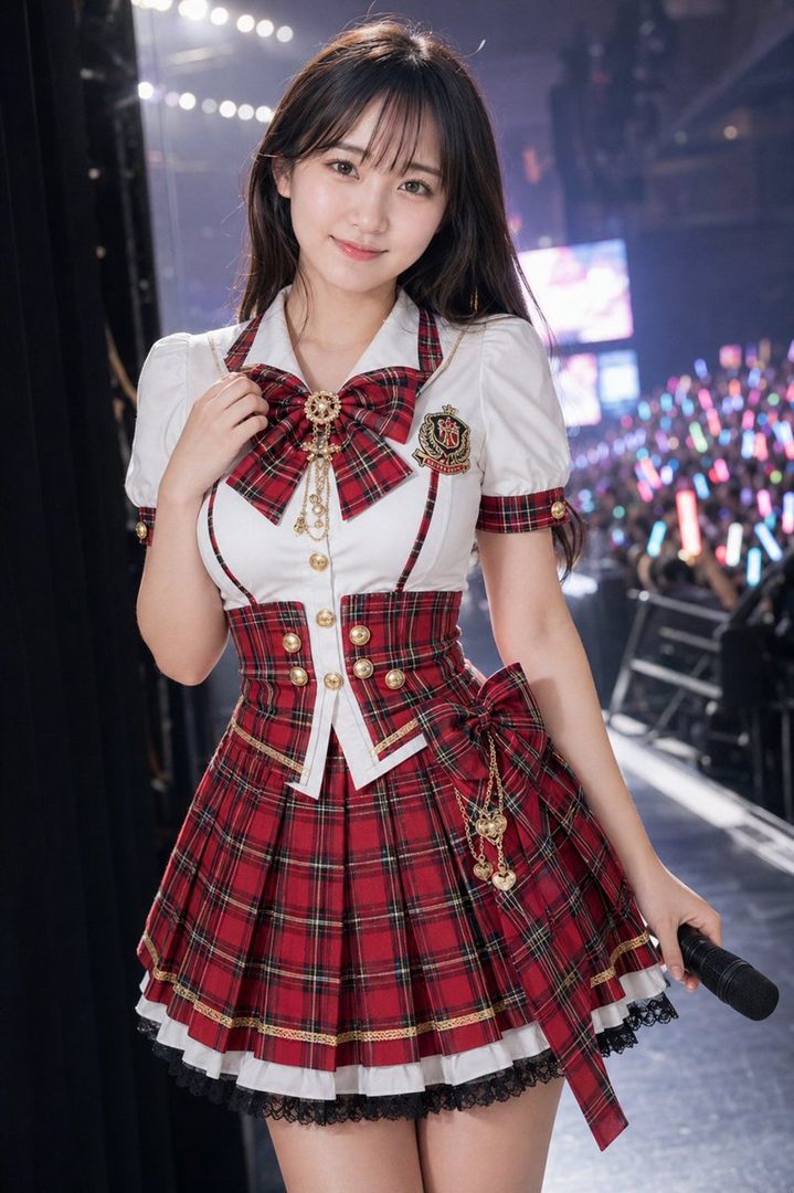 A young woman with long brown hair and bangs, wearing a red and white plaid idol costume with a bow, stands on a stage holding a microphone.