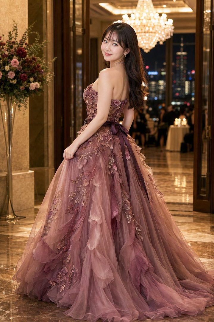 A beautiful woman in an elegant purple gown looks back over her shoulder in a luxurious indoor setting at night.