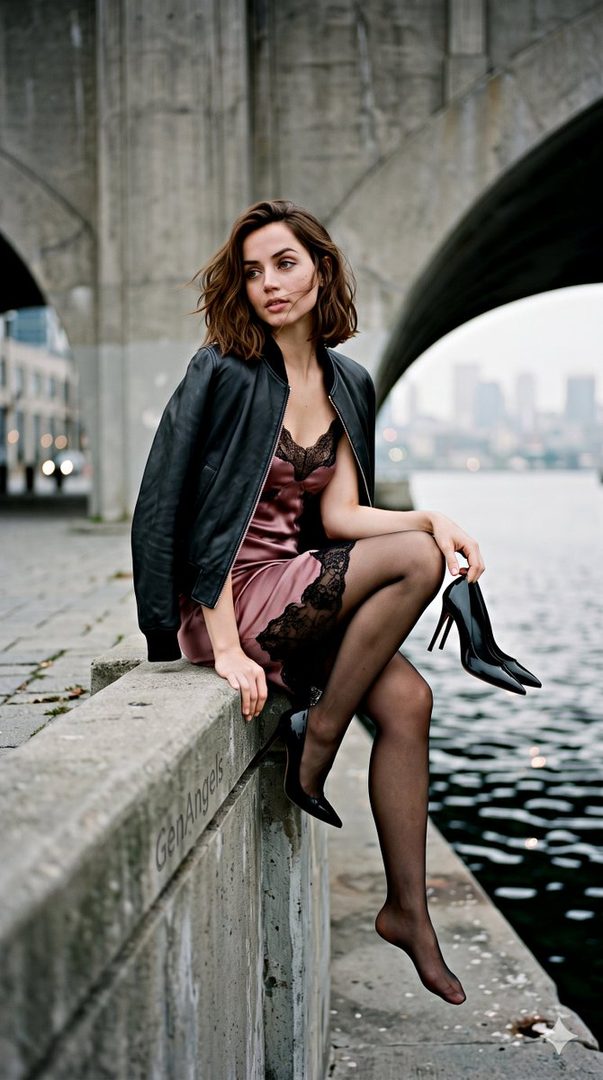 A woman with short brown hair sits on a concrete ledge by the water, wearing a black leather jacket over a pink slip dress with black lace, holding black high heels.