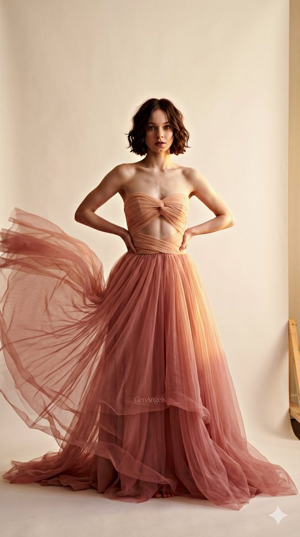 A woman with short brown hair wears a flowing, strapless peach-colored gown in a studio setting.