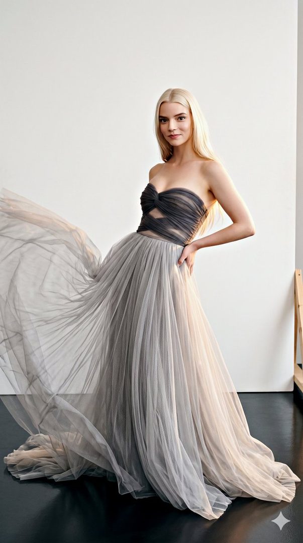 A woman with long blonde hair wears a flowing grey and black strapless gown in a studio setting.