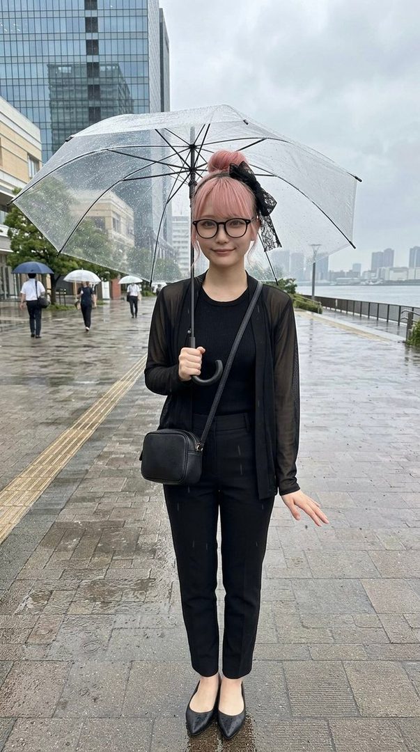 A woman with pink hair and glasses holds a clear umbrella while standing on a wet city street.