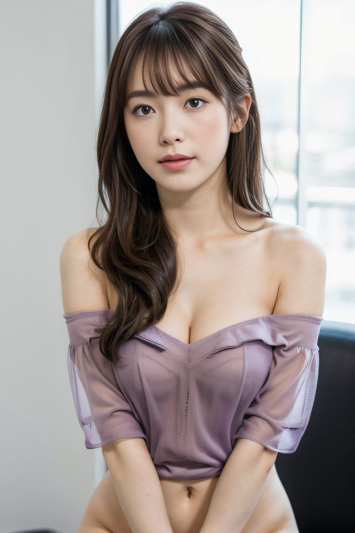 A photorealistic portrait of an East Asian woman with long brown hair and bangs, wearing a sheer off-the-shoulder purple top, looking directly at the camera.