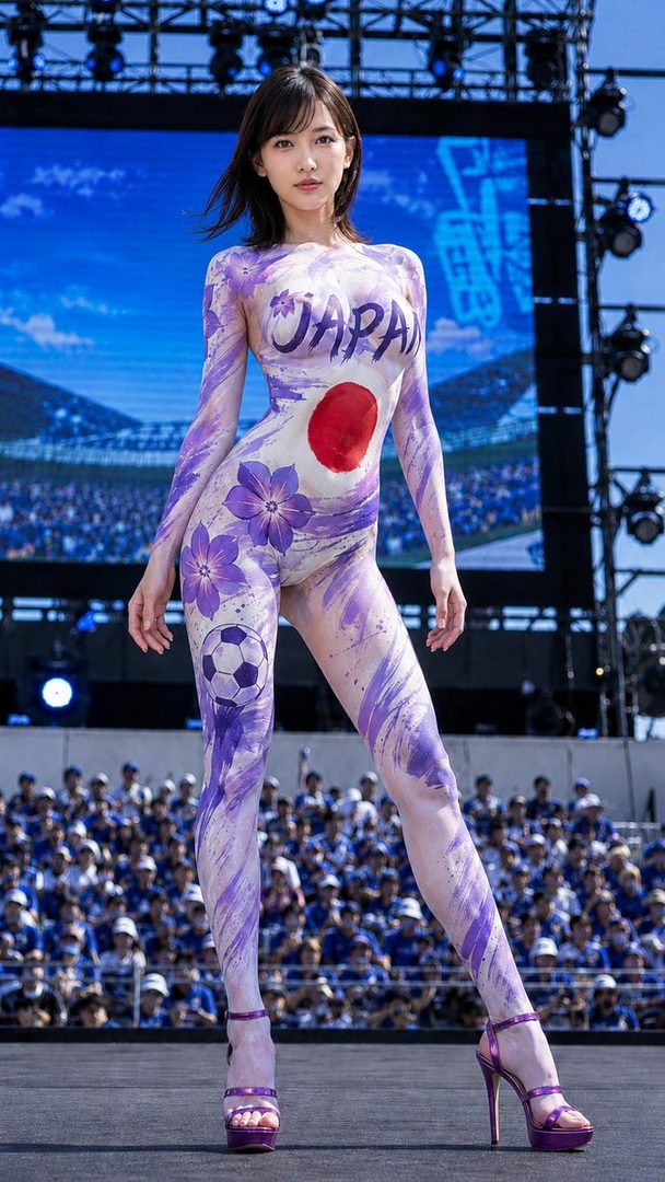 A woman with body paint featuring the word "JAPAN", a red circle, and a soccer ball, stands on a stage with a crowd in the background.