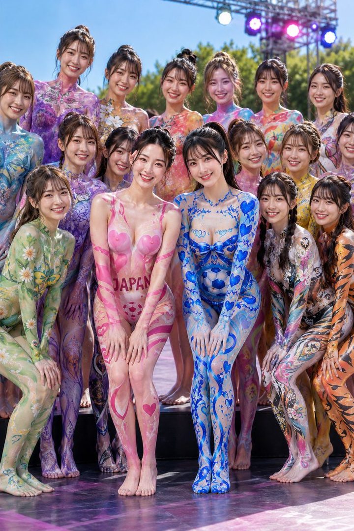 A group of young Japanese women with body paint celebrating the World Cup, with two women in the foreground wearing pink and blue body paint with 'JAPAN' written on one.