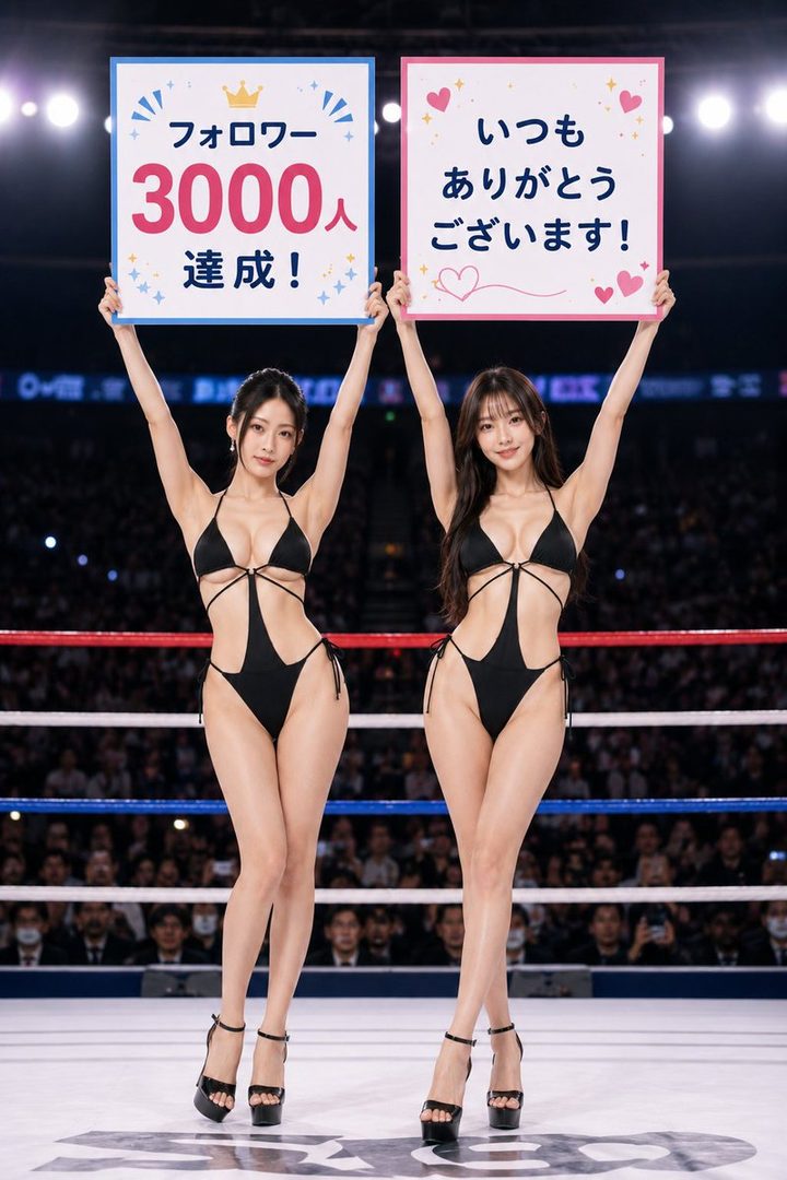 Two women in black swimsuits hold up signs in a boxing ring, celebrating 3000 followers.