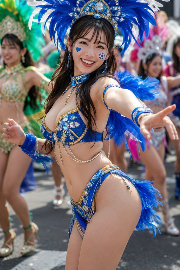 A beautiful woman in a blue feathered carnival costume with a soccer ball painted on her cheek smiles brightly during a parade.