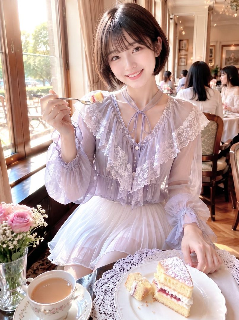 A cute young woman with short brown hair and bangs, wearing a ruffled purple blouse and white skirt, smiles while eating cake at an indoor cafe.