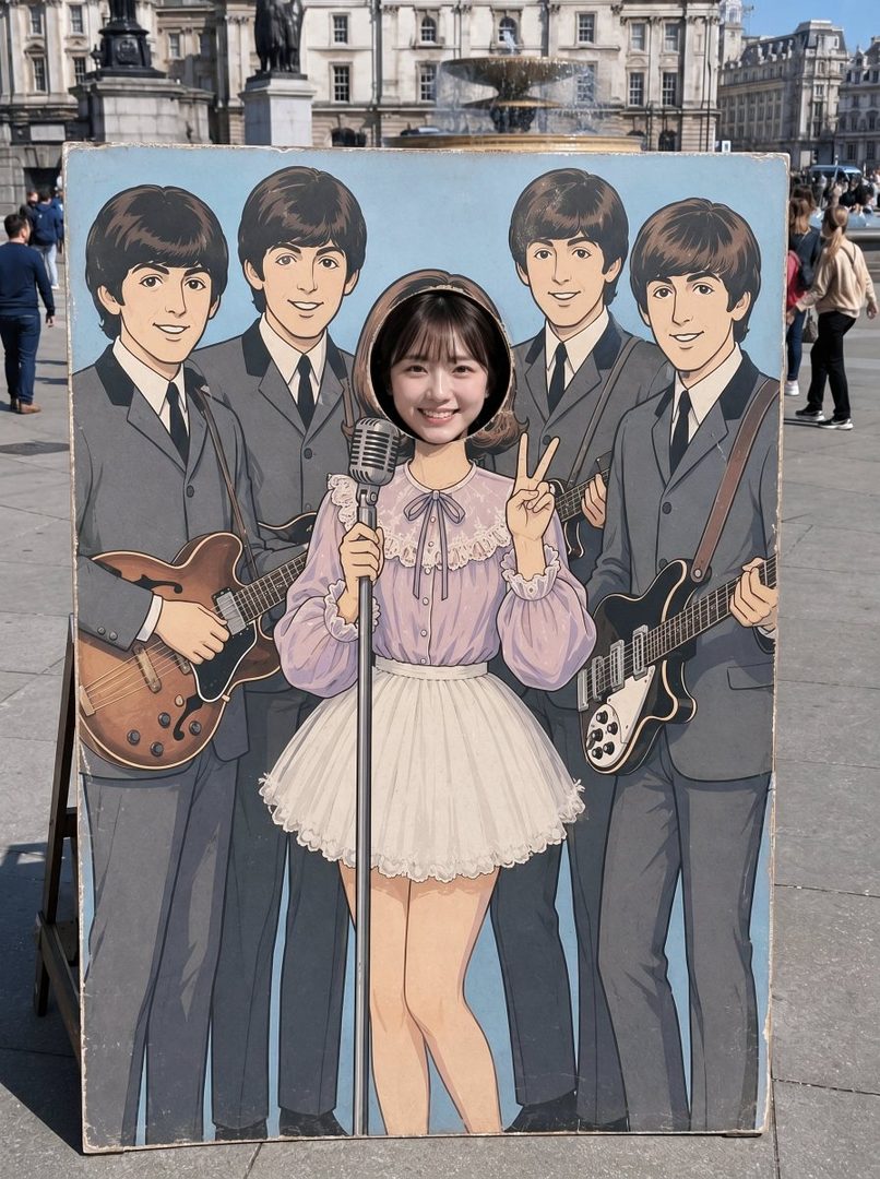 A young woman poses with her face in a cutout board featuring cartoon members of The Beatles, making a peace sign.