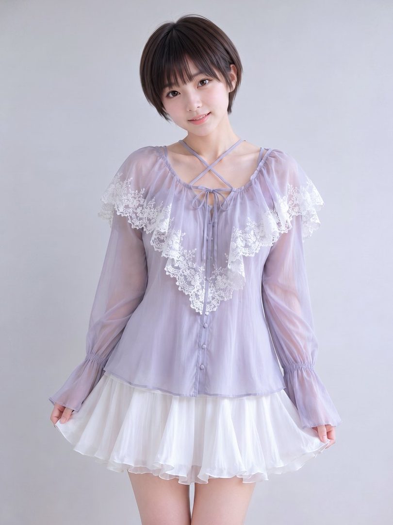 A young woman with short brown hair smiles at the camera, wearing a sheer purple blouse with white lace trim and a white mini skirt.
