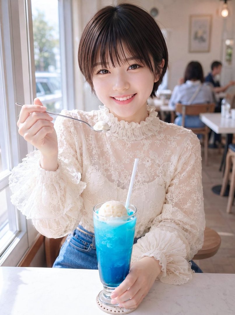 A young woman with short brown hair and a white lace blouse smiles while holding a spoon with ice cream and a blue drink in a cafe.