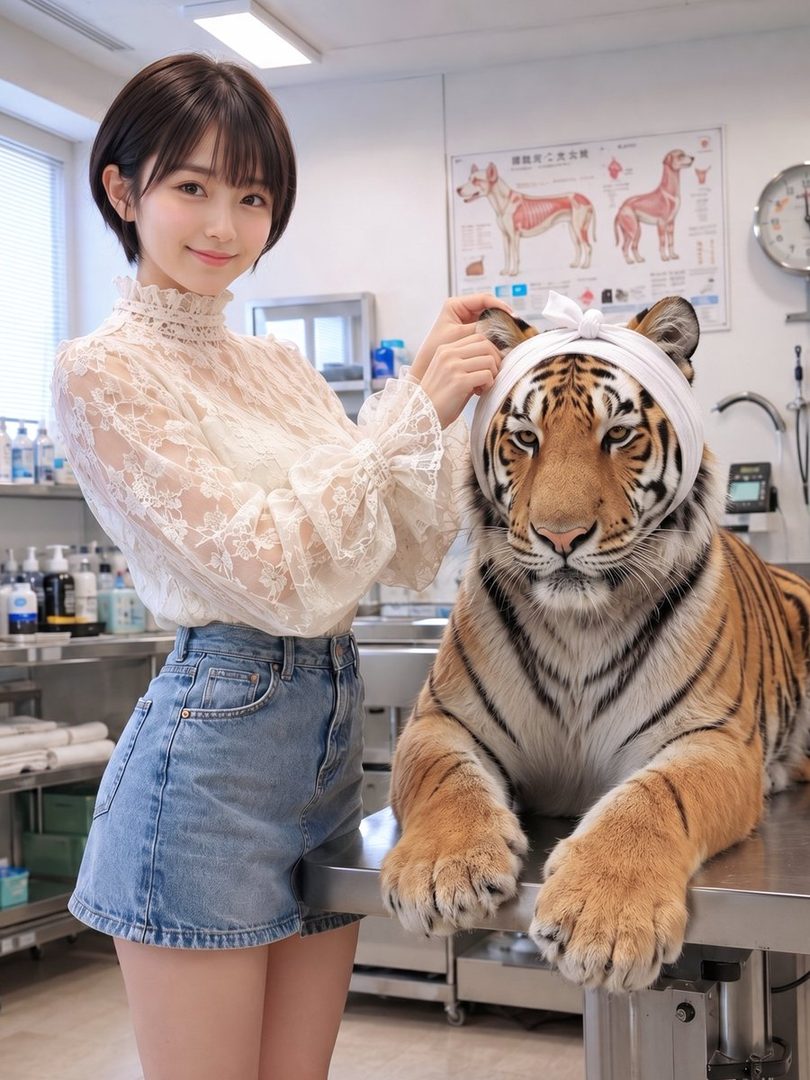 A young woman with short brown hair and a white lace blouse stands next to a tiger with a bandage on its head in what appears to be a veterinary clinic.