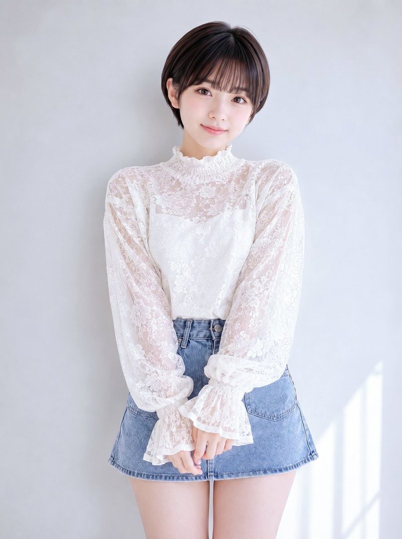 A young woman with short black hair and bangs smiles while wearing a white lace blouse and a denim mini skirt.