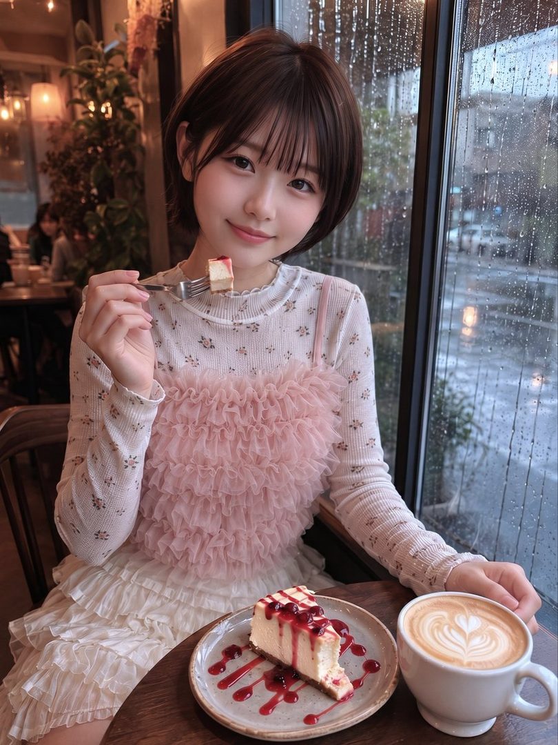 A young woman with short brown hair is sitting in a cafe, holding a fork with a piece of cheesecake, with a slice of cheesecake and a latte on the table in front of her, and a rainy window in the background.