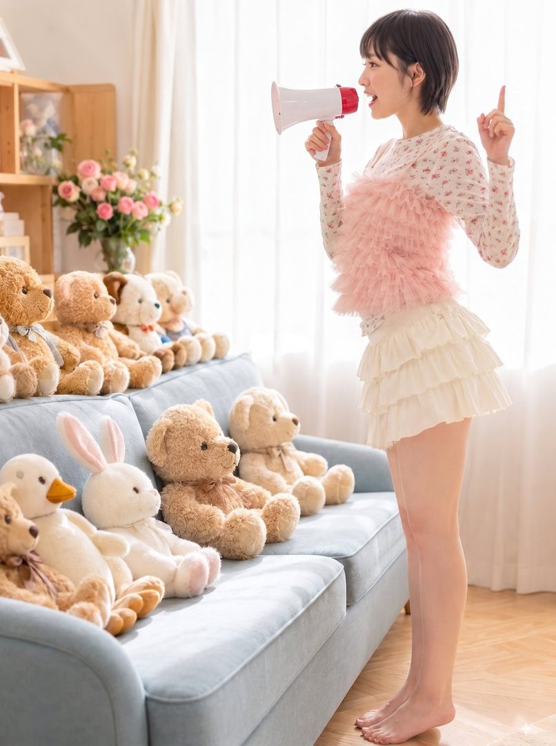 A young woman with short black hair stands indoors, holding a megaphone and pointing upwards, surrounded by plush toys on a sofa.