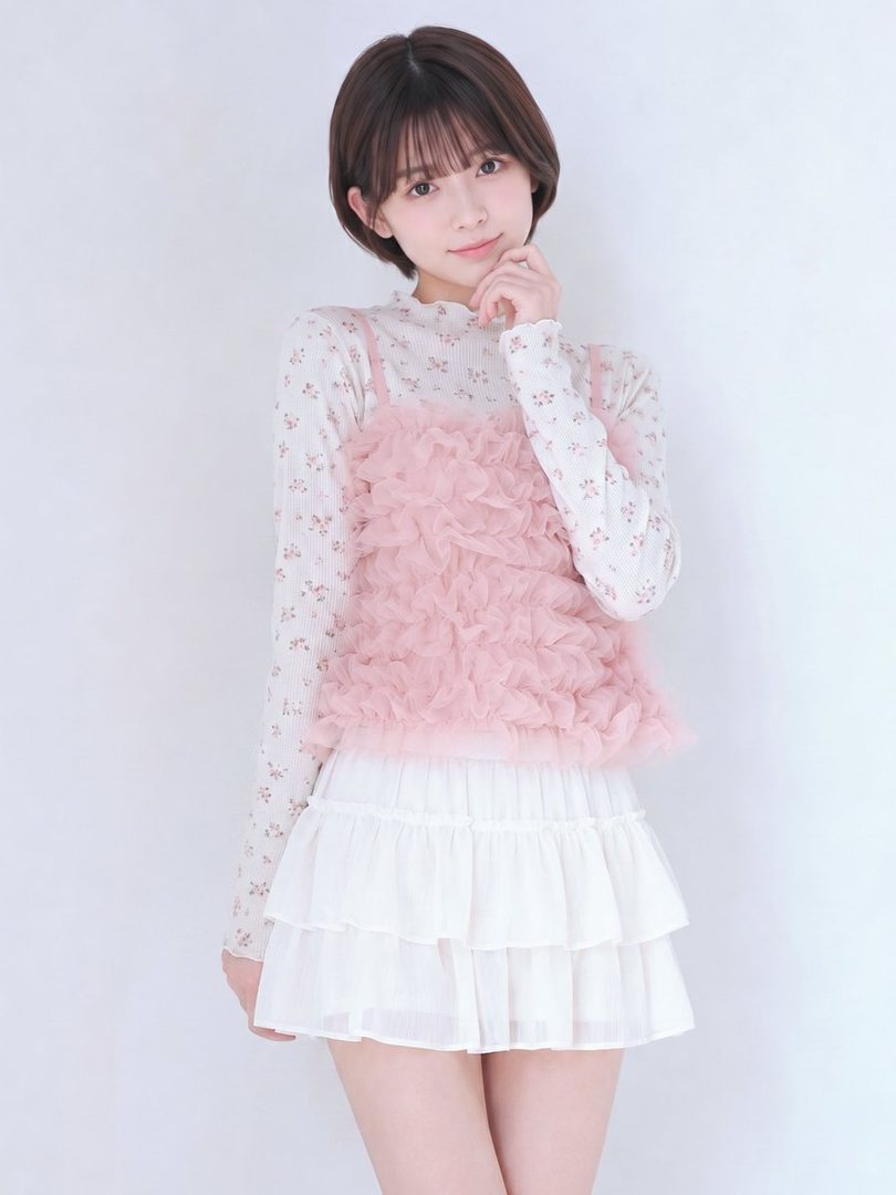 A photorealistic AI-generated portrait of a young woman with short brown hair and bangs, wearing a white floral long-sleeve top, a pink ruffled camisole, and a white tiered mini skirt, posing against a white background.