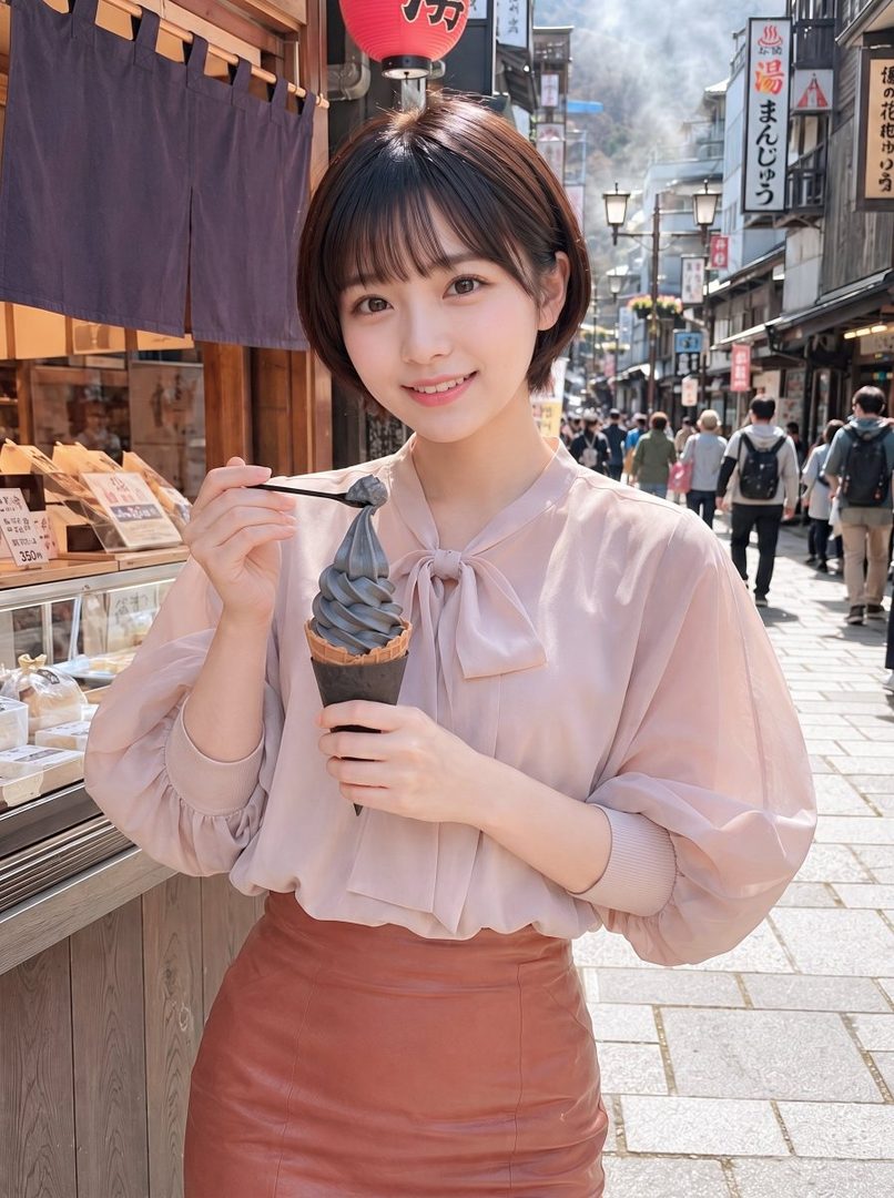A young woman with short brown hair and bangs smiles while holding a black sesame ice cream cone on a bustling Japanese street.