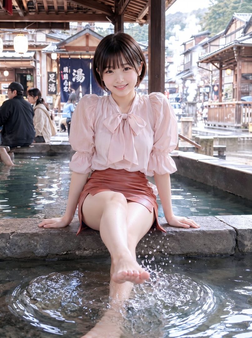 A young woman with short brown hair and bangs, wearing a pink blouse and a brown skirt, sits by a foot bath in a traditional Japanese outdoor setting, splashing water with her feet.