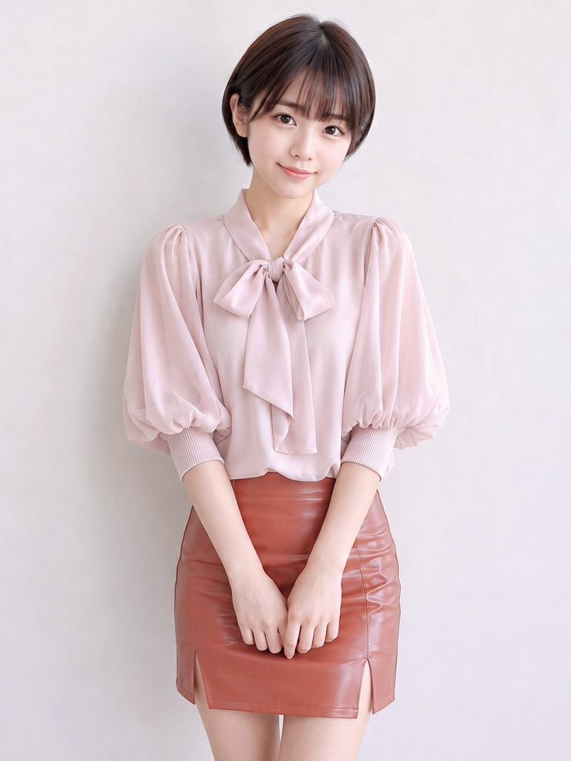 A young woman with short brown hair and bangs, wearing a pink bow-neck blouse and a brown mini skirt, stands indoors against a plain white wall.