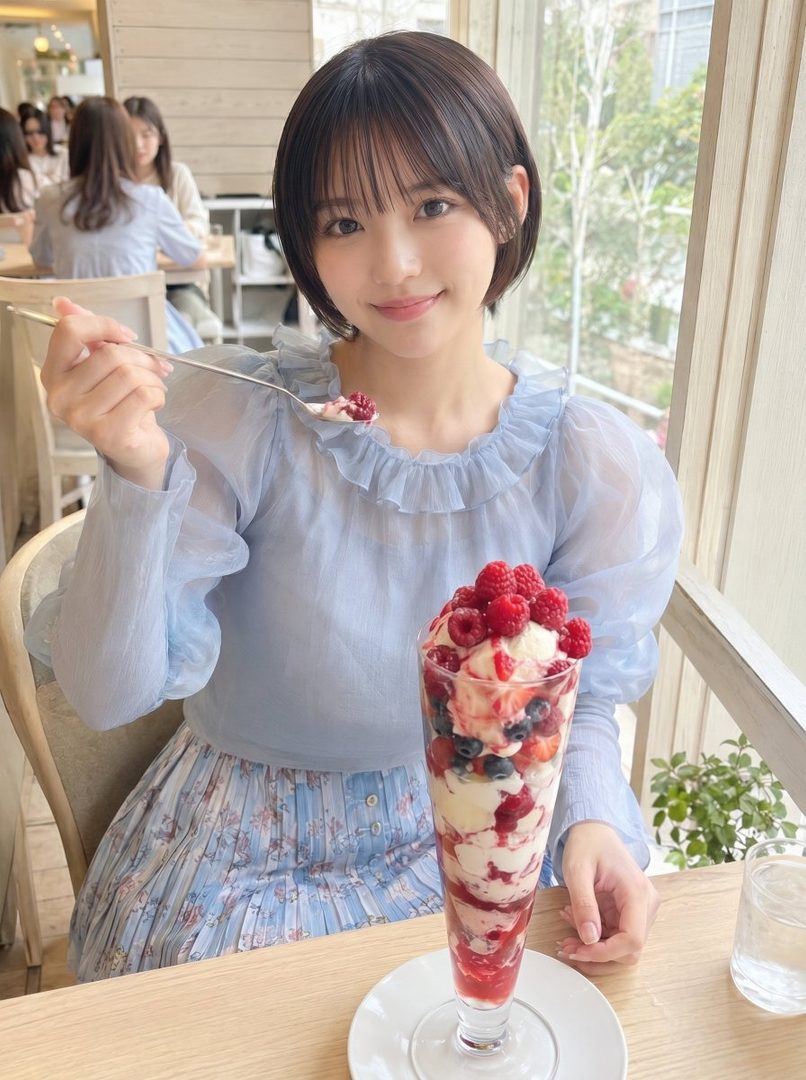 A young woman with short black hair and bangs, wearing a light blue ruffled blouse and a floral skirt, smiles while eating a berry parfait at a cafe.