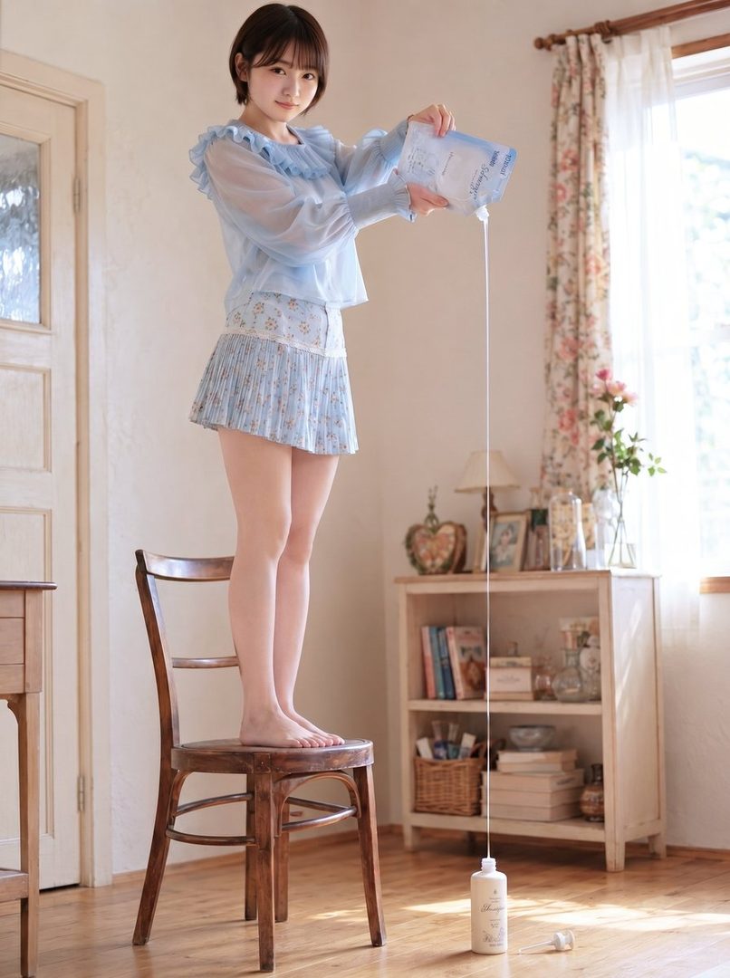 A young woman in a light blue blouse and floral skirt stands barefoot on a wooden chair, pouring liquid from a pouch into a bottle on the floor.