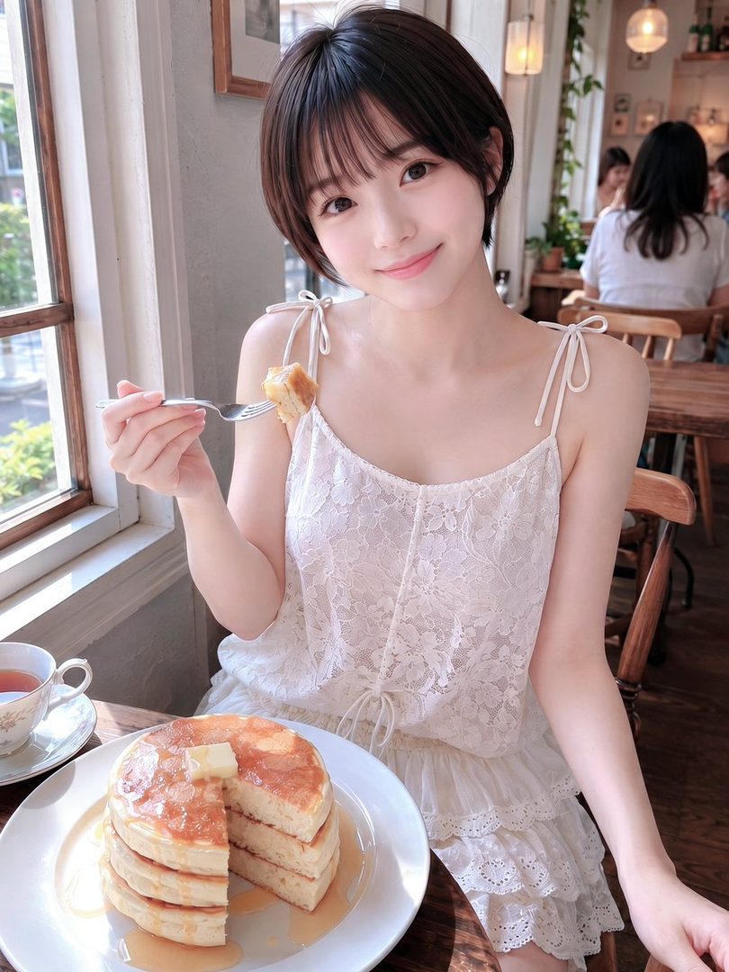 A cute East Asian woman with short brown hair is smiling while eating pancakes at a cafe.