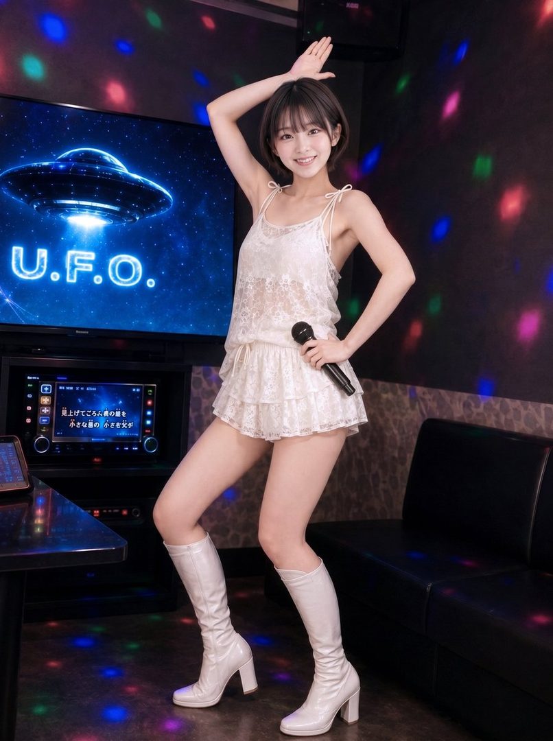A young woman in a white lace dress and white boots poses with a microphone in a karaoke room with a UFO image on the screen.