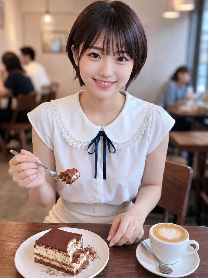 A young woman with short brown hair smiles while holding a fork with tiramisu in a cafe, with a cup of latte and a plate of tiramisu on the table.