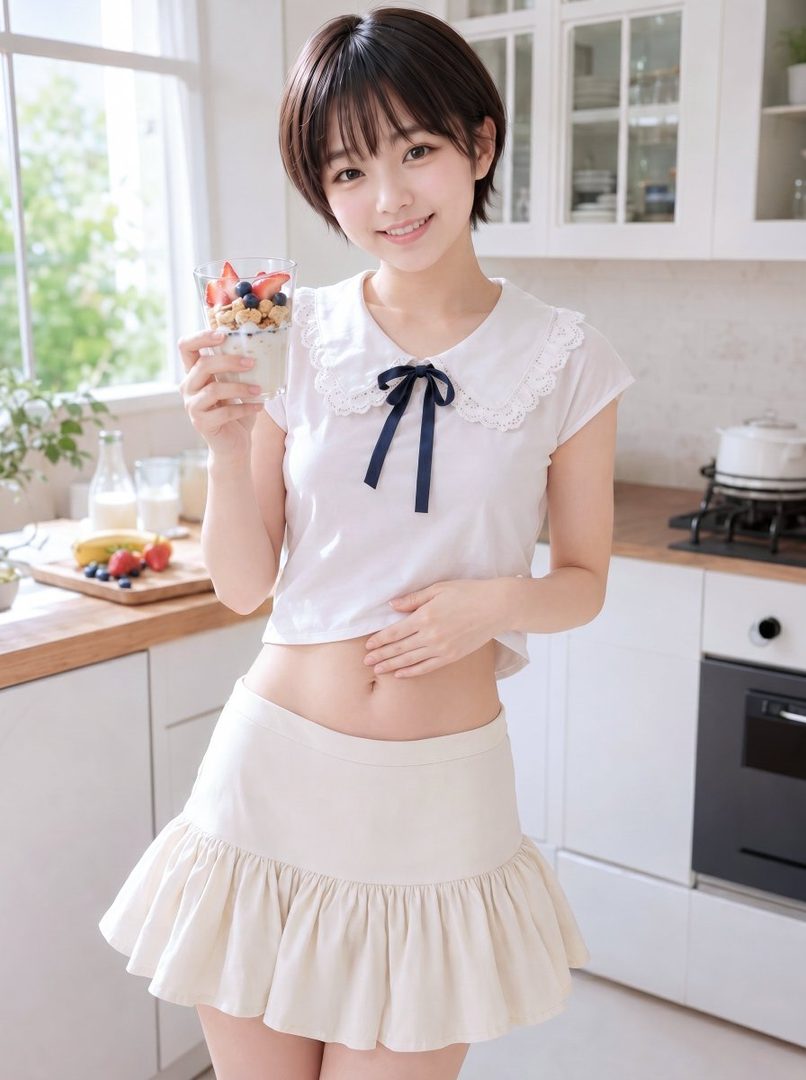 A young woman with short black hair smiles while holding a glass of yogurt parfait in a bright kitchen.