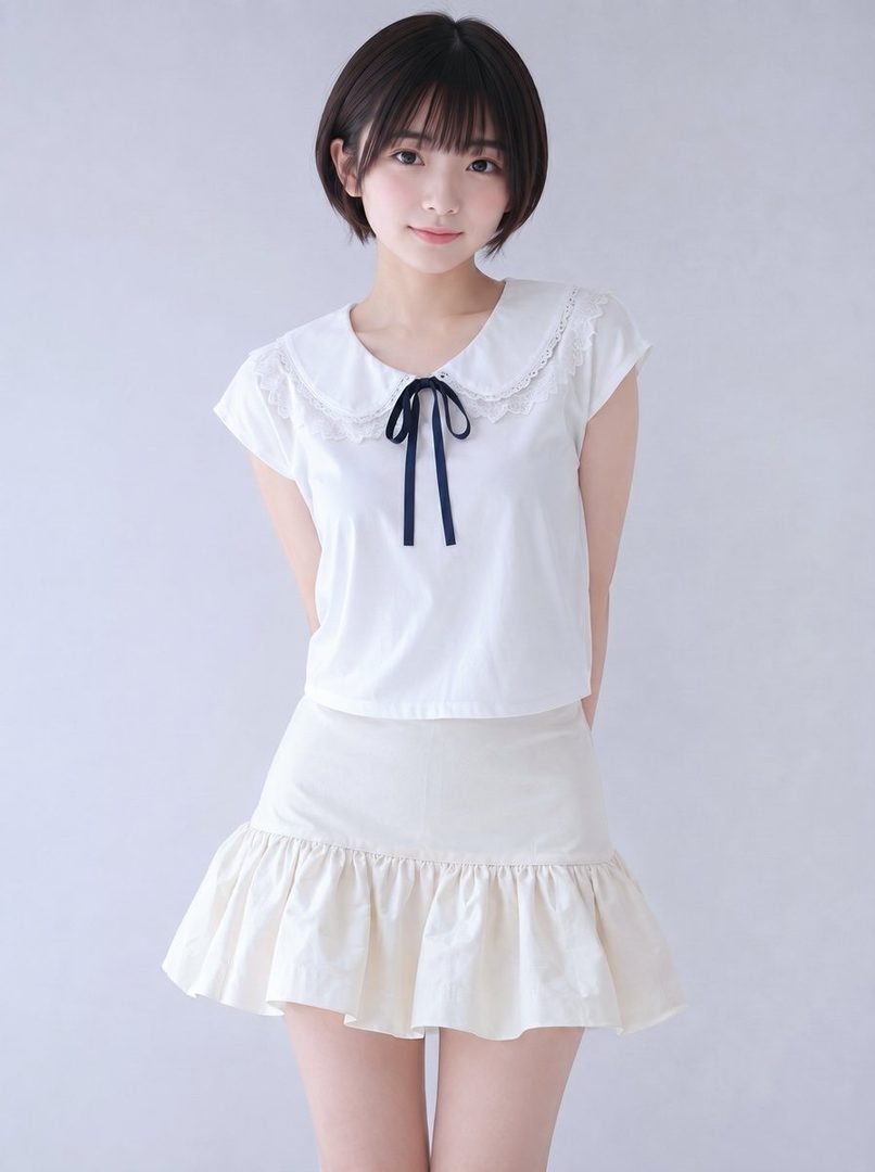 A young woman with short black hair and bangs, wearing a white blouse with a Peter Pan collar and a black ribbon, and a white ruffled mini skirt, stands against a plain white background.
