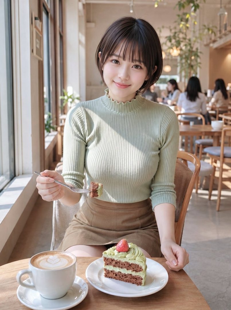 A young woman with short brown hair and bangs, wearing a light green knit top and a brown skirt, smiles while holding a fork with a piece of cake in a cafe.