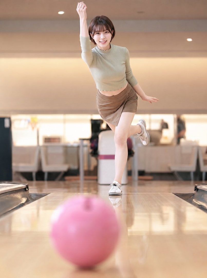 A young woman with short brown hair is captured mid-action, bowling a pink ball down a lane in an indoor bowling alley.