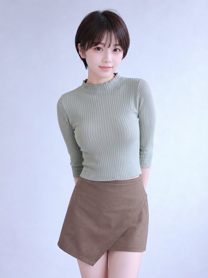 A young woman with short black hair and bangs poses in a light green ribbed mock neck top and a brown asymmetrical mini skirt.