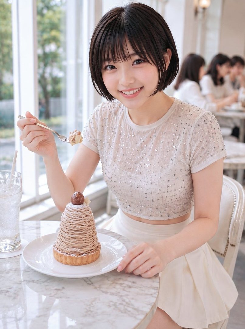 A young woman with short black hair and bangs smiles while holding a fork with a bite of cake, sitting at a marble table in a cafe with a large mont blanc dessert in front of her.