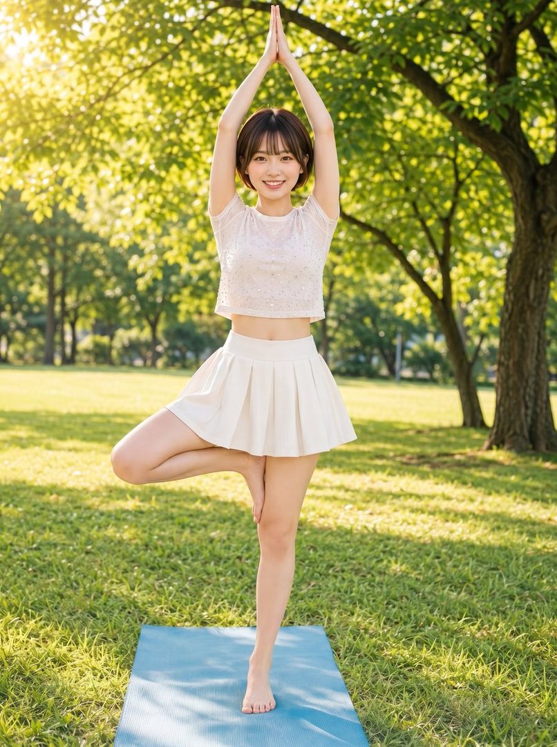 A young woman with short brown hair smiles while doing a yoga pose on a blue mat in a sunny park.
