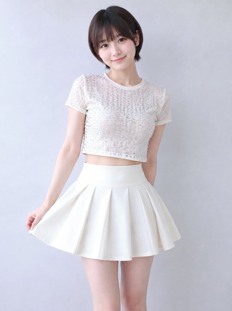 A cute East Asian woman with short brown hair smiles while wearing a white sheer top and a pleated mini skirt.