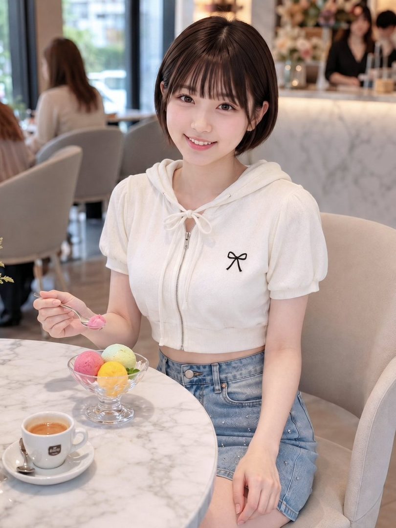 A young woman with short brown hair and bangs smiles while sitting at a cafe table with ice cream and coffee.
