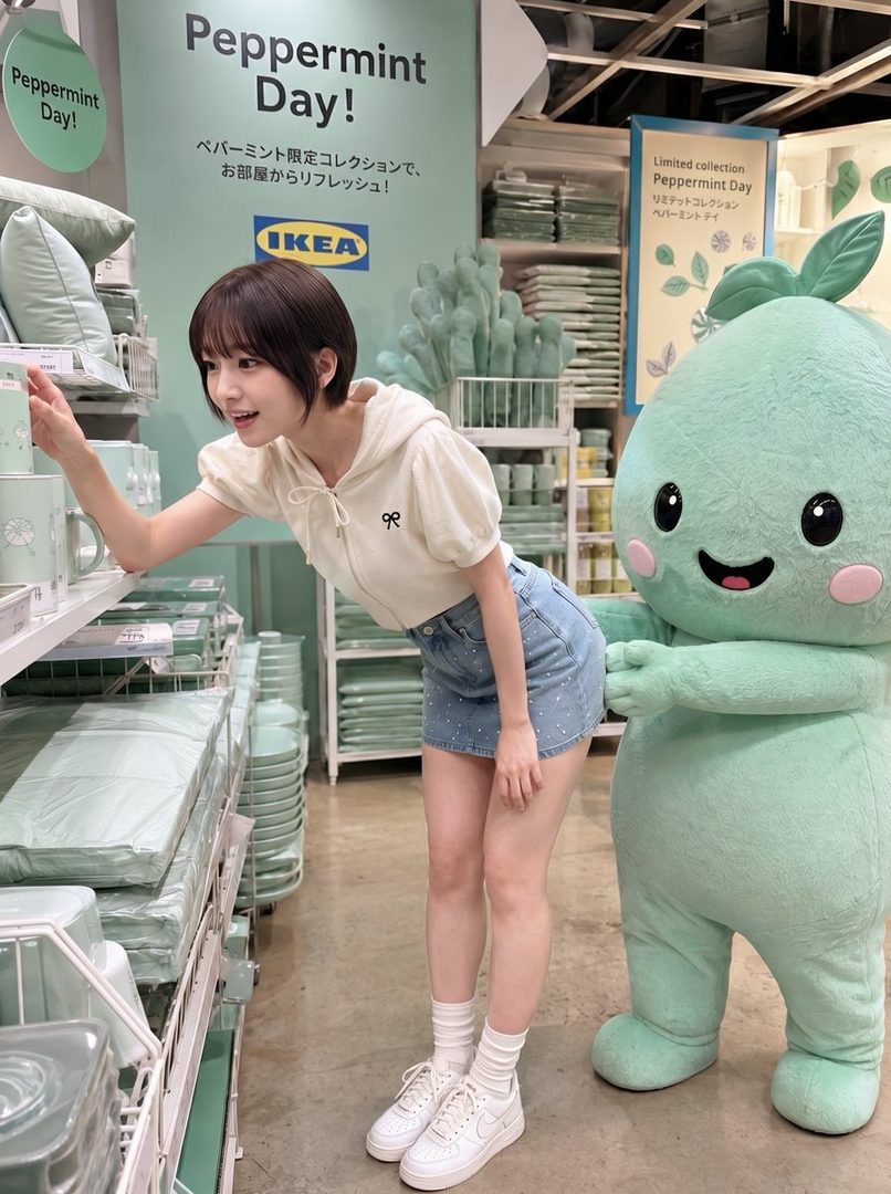 A young woman with short brown hair wearing a white hoodie and denim skirt is shopping in an IKEA store, looking at items on a shelf next to a large green mascot.