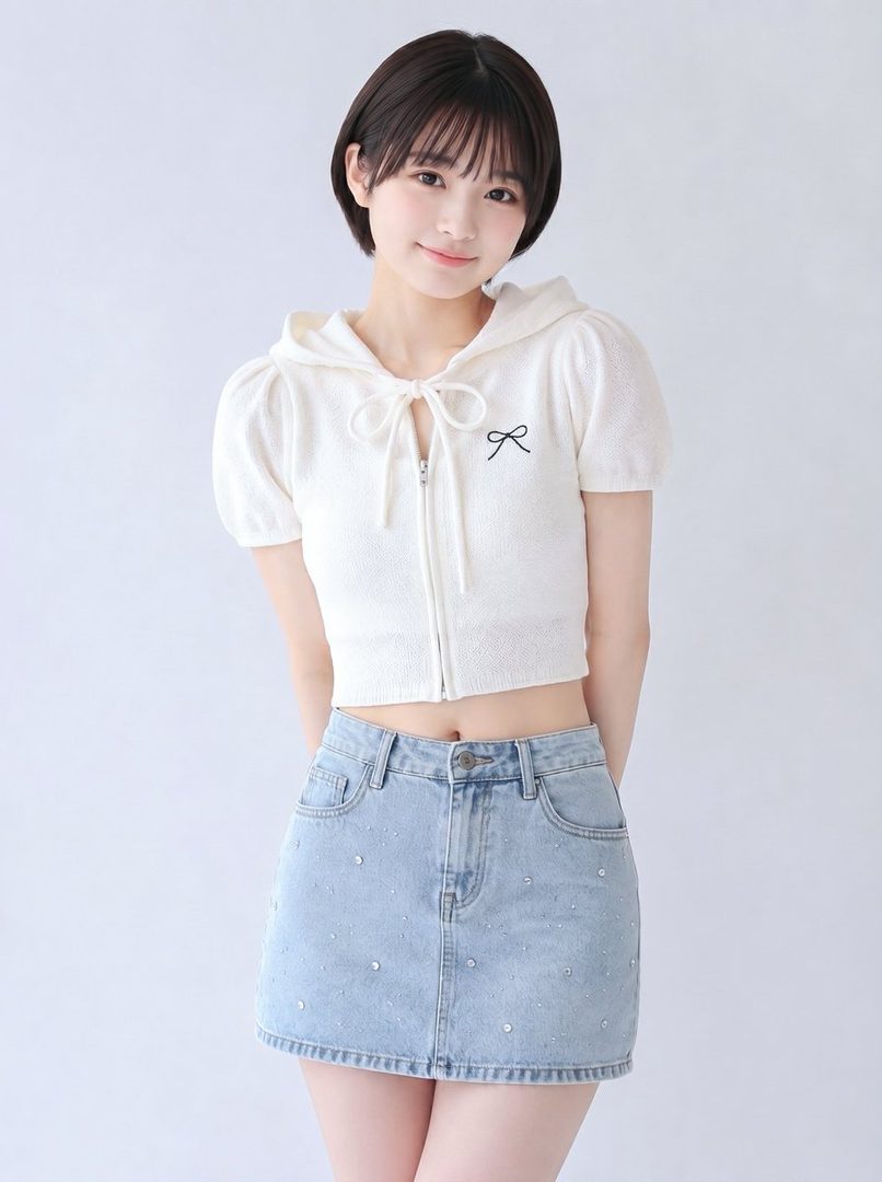 A young woman with short black hair wears a white cropped hoodie and a light blue denim mini skirt with embellishments, posing against a plain white background.