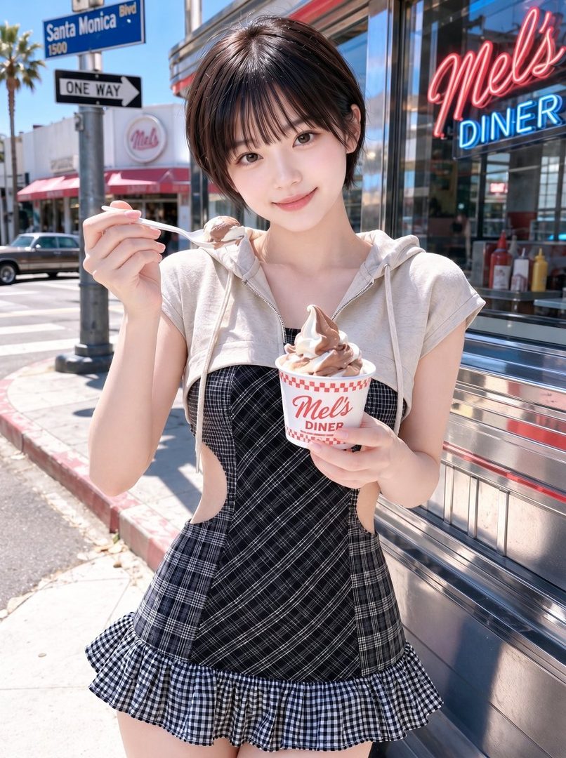 A young woman with short brown hair is smiling while holding and eating ice cream in front of Mel's Diner on a sunny day.