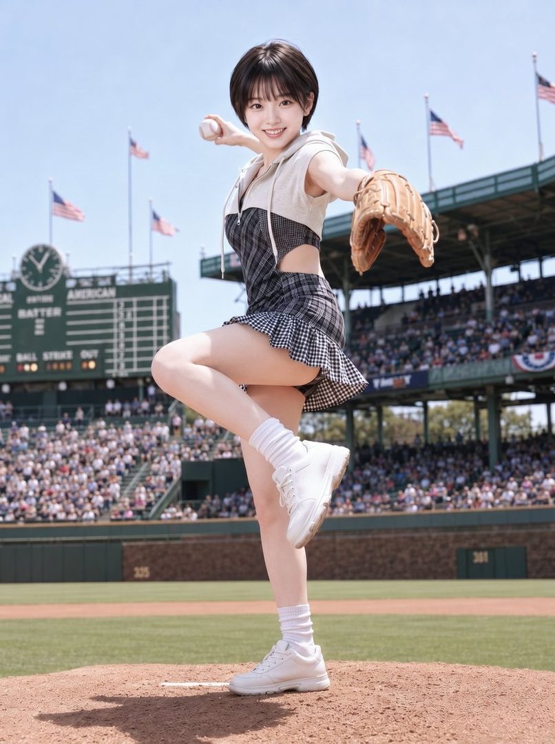 A young woman with short black hair, wearing a plaid skirt and a cropped top, poses on a baseball pitcher's mound with a glove and ball, smiling at the camera.