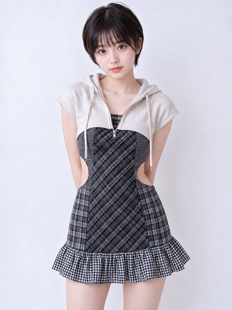 A young woman with short black hair poses in a studio, wearing a plaid dress with cutouts and a short-sleeved hoodie.