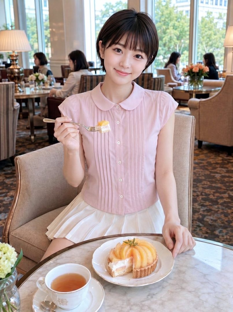 A young woman with short brown hair and a pink blouse is sitting at a table in a cafe, eating a peach tart.