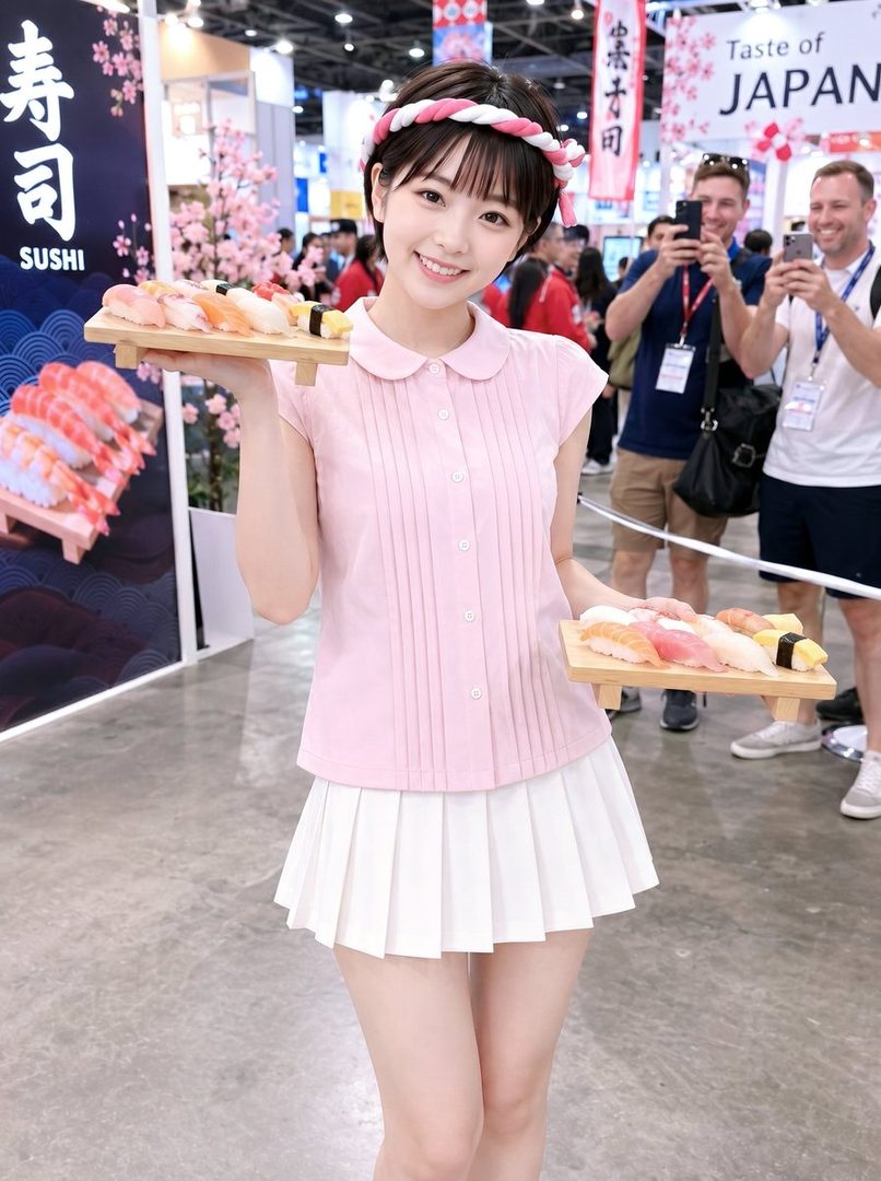 A smiling woman in a pink shirt and white pleated skirt holds two trays of sushi at an indoor event.