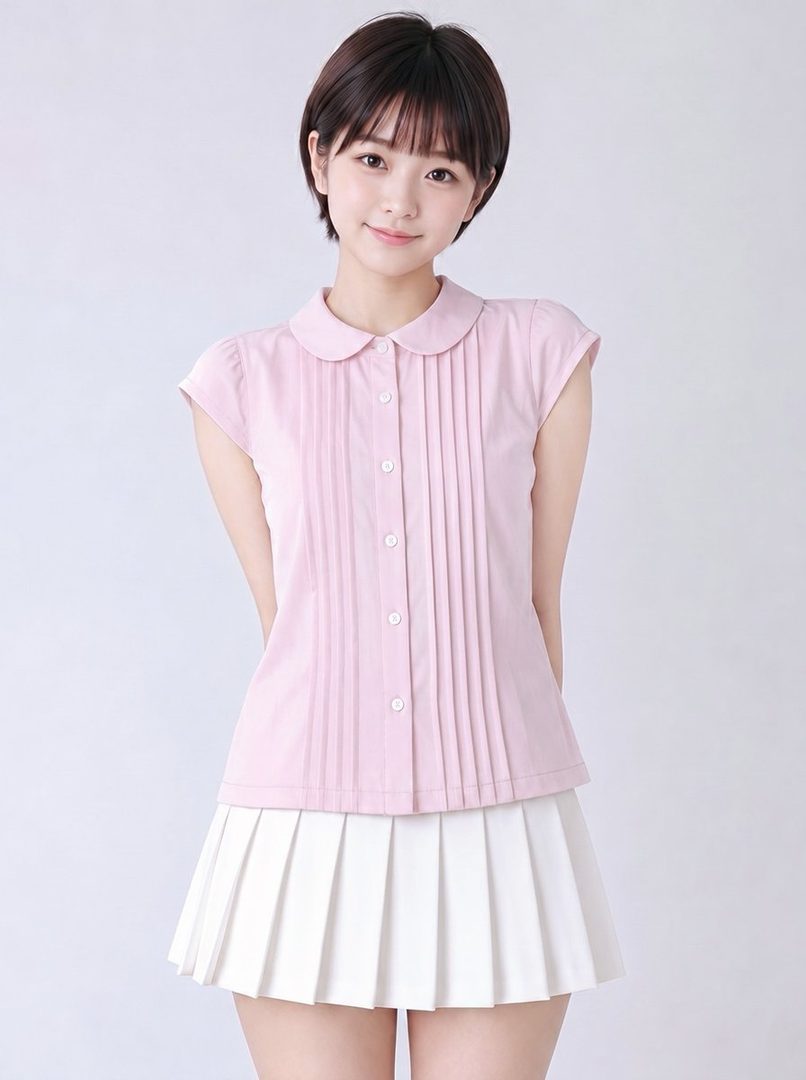A young woman with short brown hair and bangs smiles while wearing a pink collared blouse and a white pleated mini skirt.