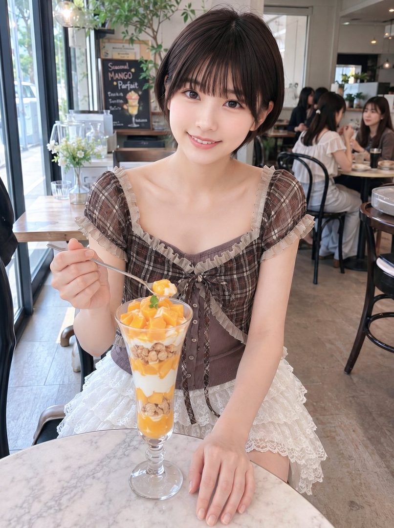 A young woman with short brown hair and bangs smiles while eating a mango parfait at a cafe.