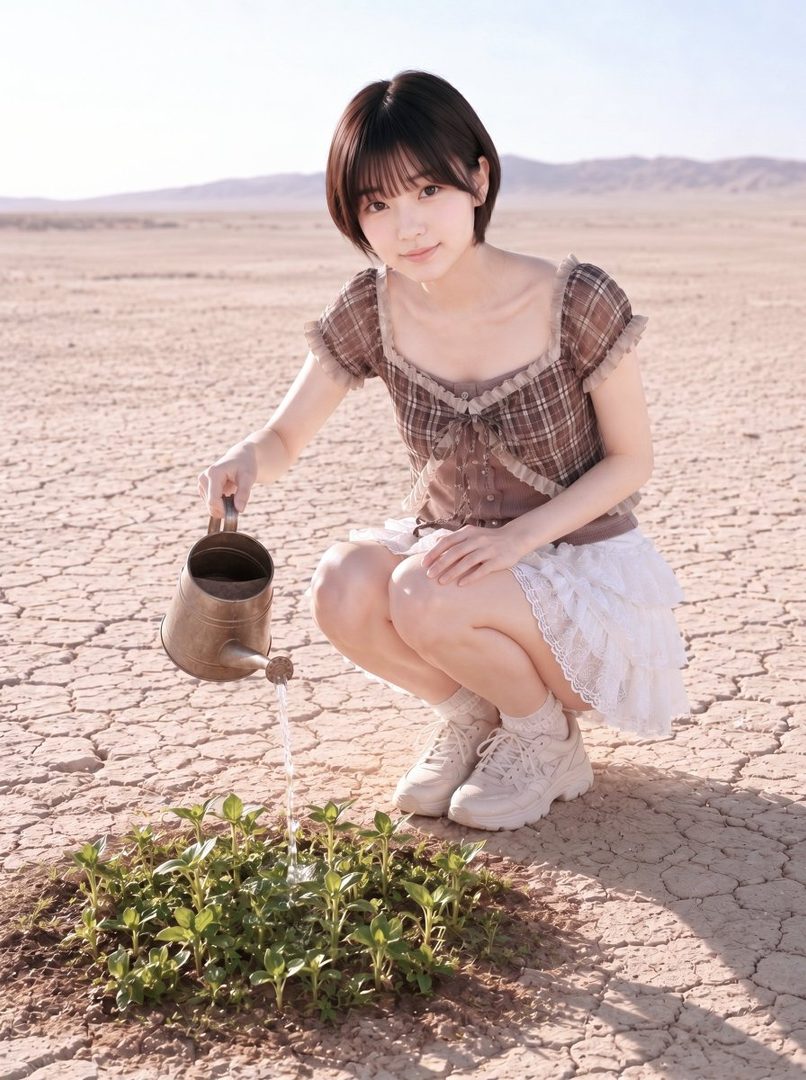 A young woman with short black hair and bangs, wearing a plaid top and white ruffled skirt, crouches in a cracked desert landscape, watering a small patch of green plants with a metal watering can.